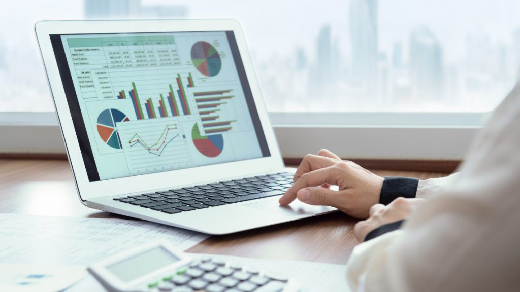 Person at a laptop displaying various financial wellness graphs