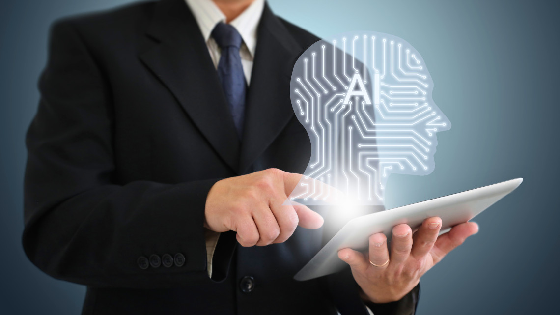 placeholder image of a person holding an ipad with an AI graphic above it