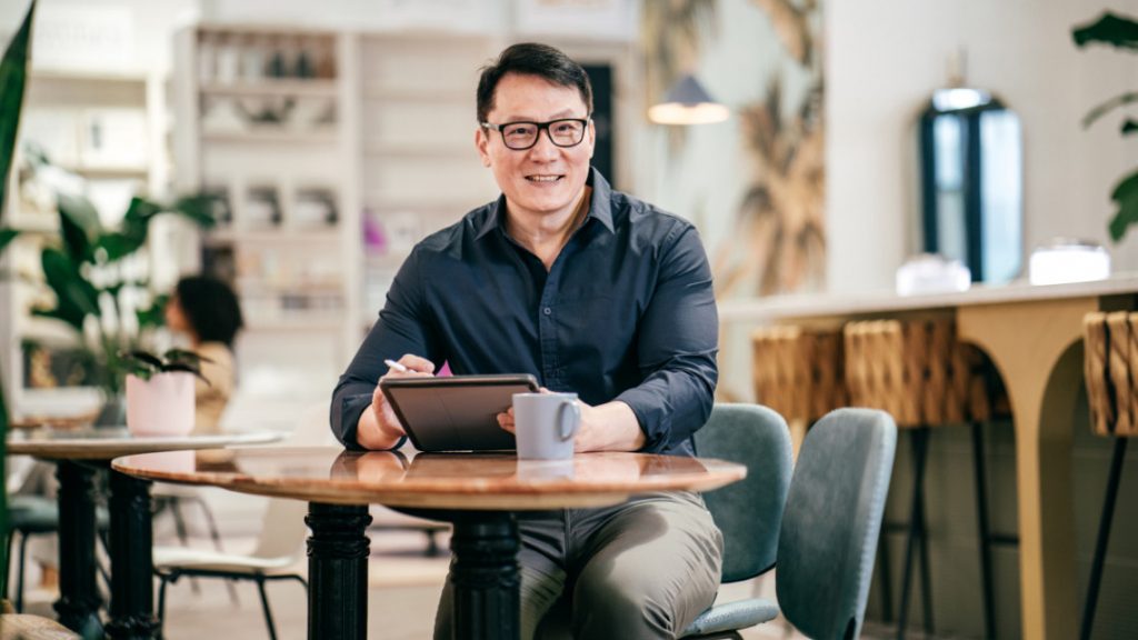 Remote worker in a cafe shop